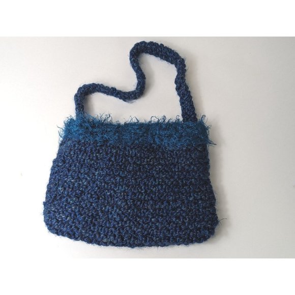 Vintage  Crochet Knitted‎  Blue Shoulder Bag Handmade Button One Strap - Picture 3 of 7